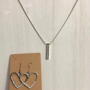 Bar Necklace & Heart Pierced Dangle Rhinestone Earrings Silver Tone